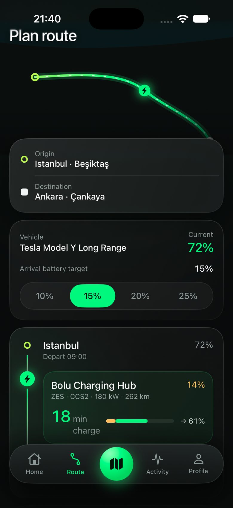 Şarj duraklarını yolculuğa bırakın. — IteraVolt uygulama ekranı