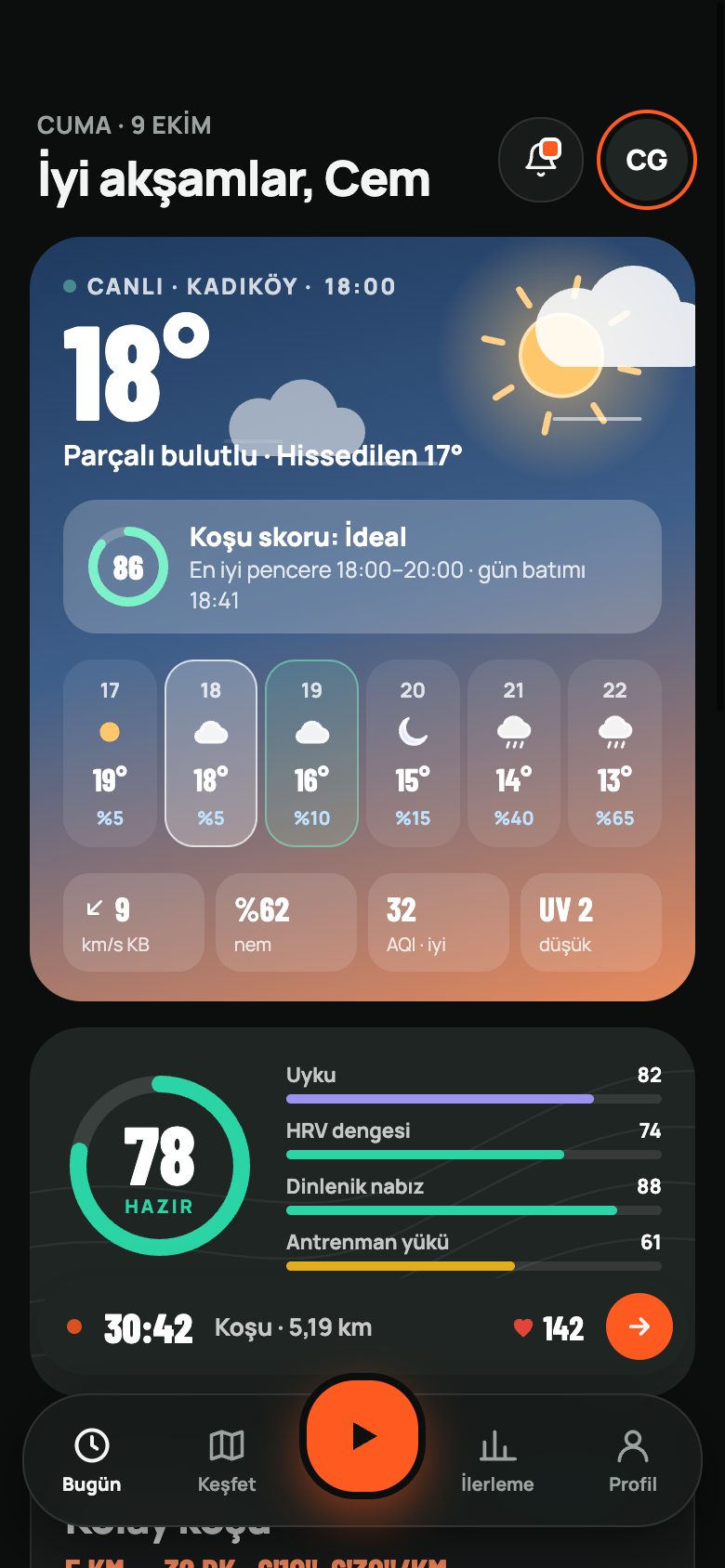 Saludus Bugün ekranı, koyu tema