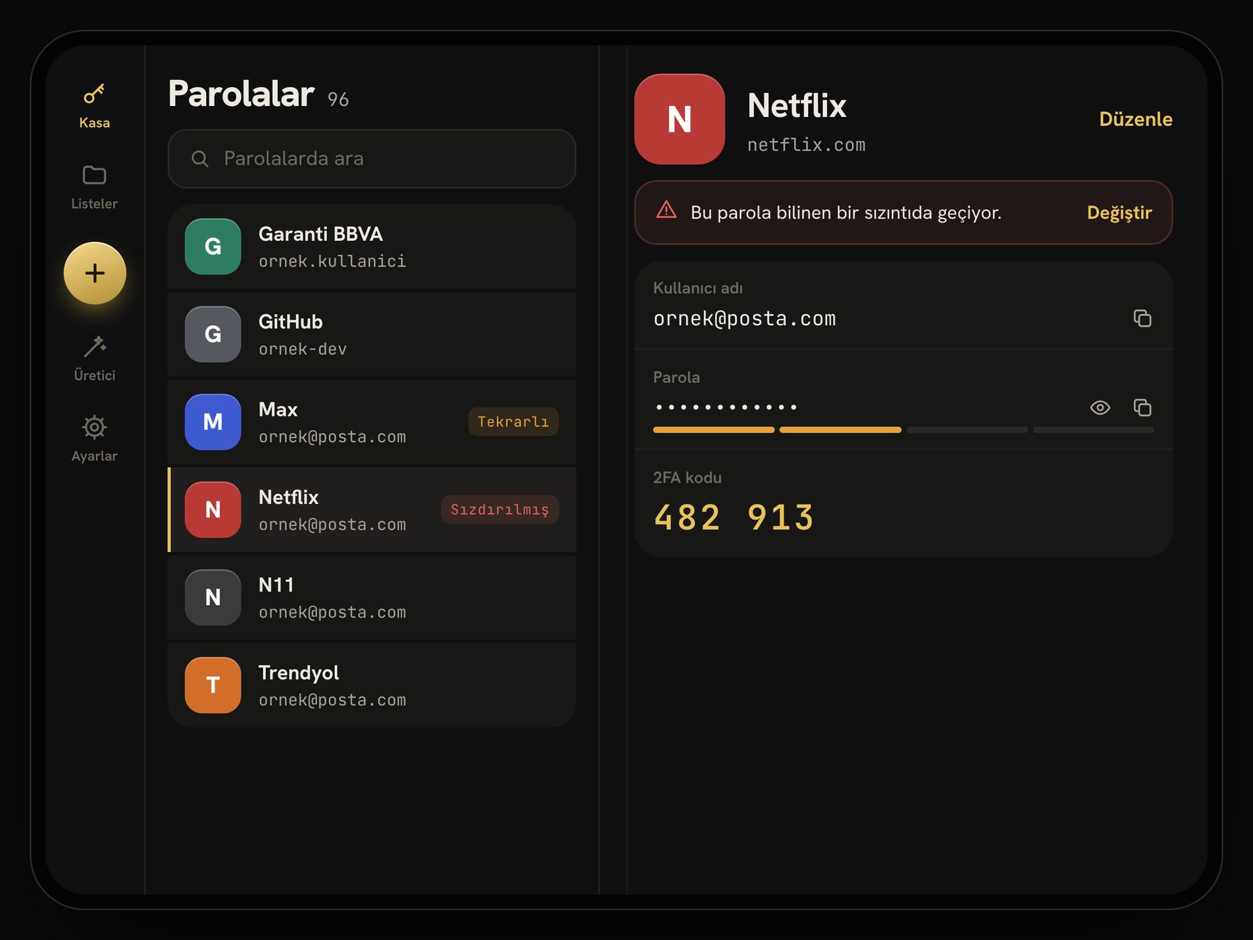 ŠU.NIR katlanabilir ekranda iki panelli görünüm: parola listesi ve Netflix kaydının ayrıntısı yan yana